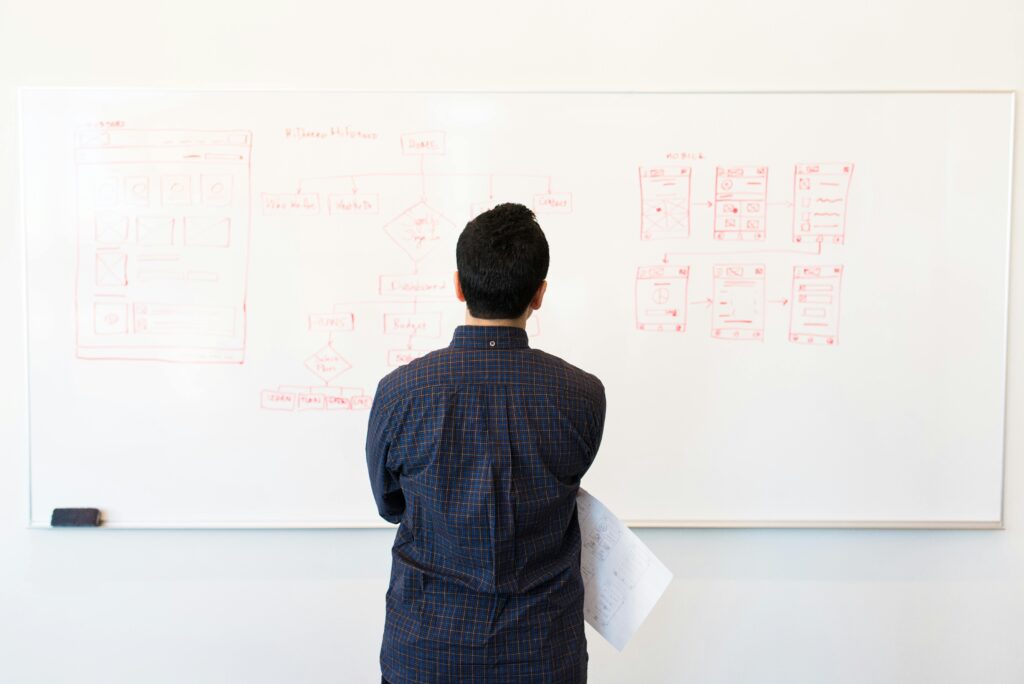 man in front of whiteboard